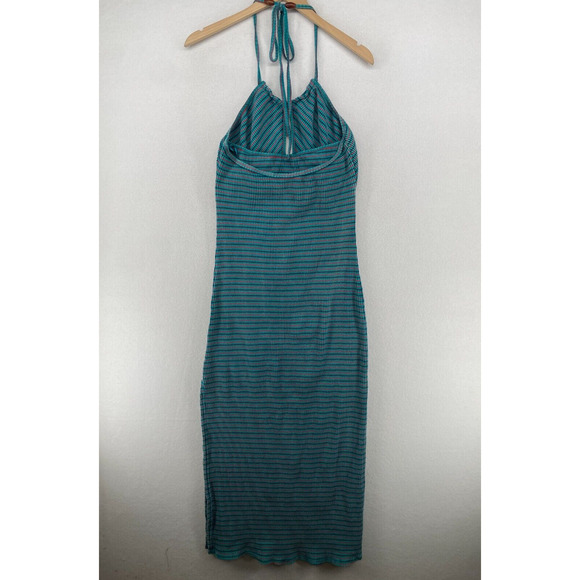 FREE PEOPLE Dress L Terra Ribbed Jersey Halter Striped Cutout Maxi Blue - Picture 4 of 16